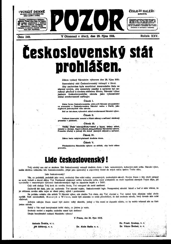 Olomoucký deník POZOR z 29. října 1918