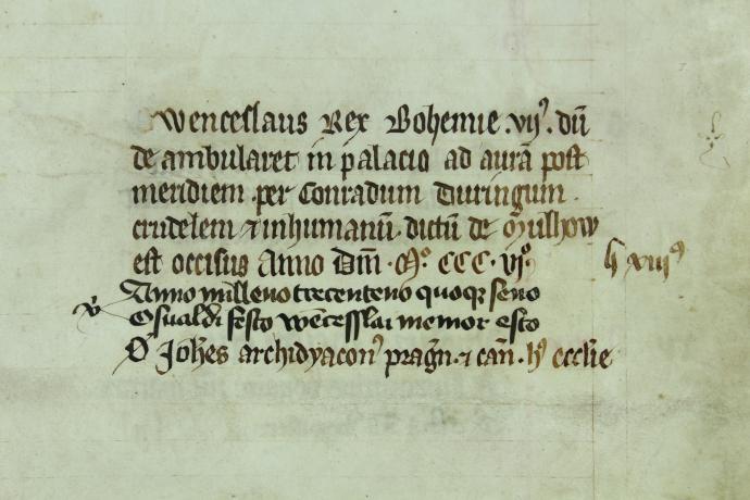 Faksimile zápisu o zavraždění Václava III. v nekrologiu olomoucké kapituly. Foto: Zemský archiv Opava, pobočka Olomouc fond Metropolitní kapitula Olomouc, inv. č. 2877, s. 77