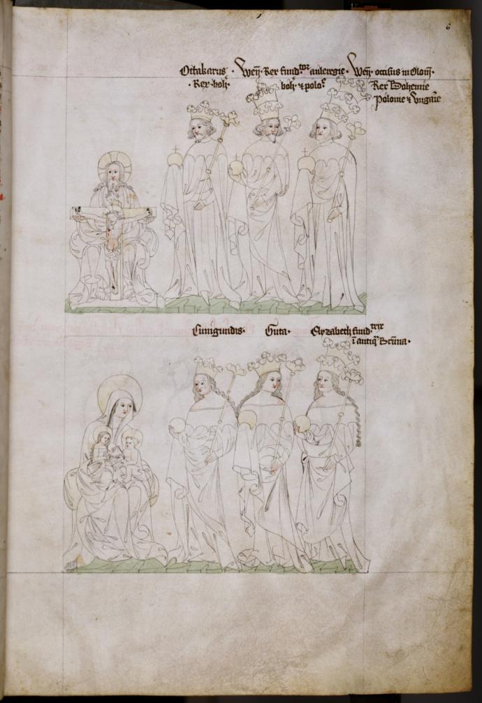 Opis Zbraslavské kroniky z roku 1393 s iluminacemi panovníků a panovnic s korunami (Václav III. vpravo nahoře). Foto: SOkA Jihlava